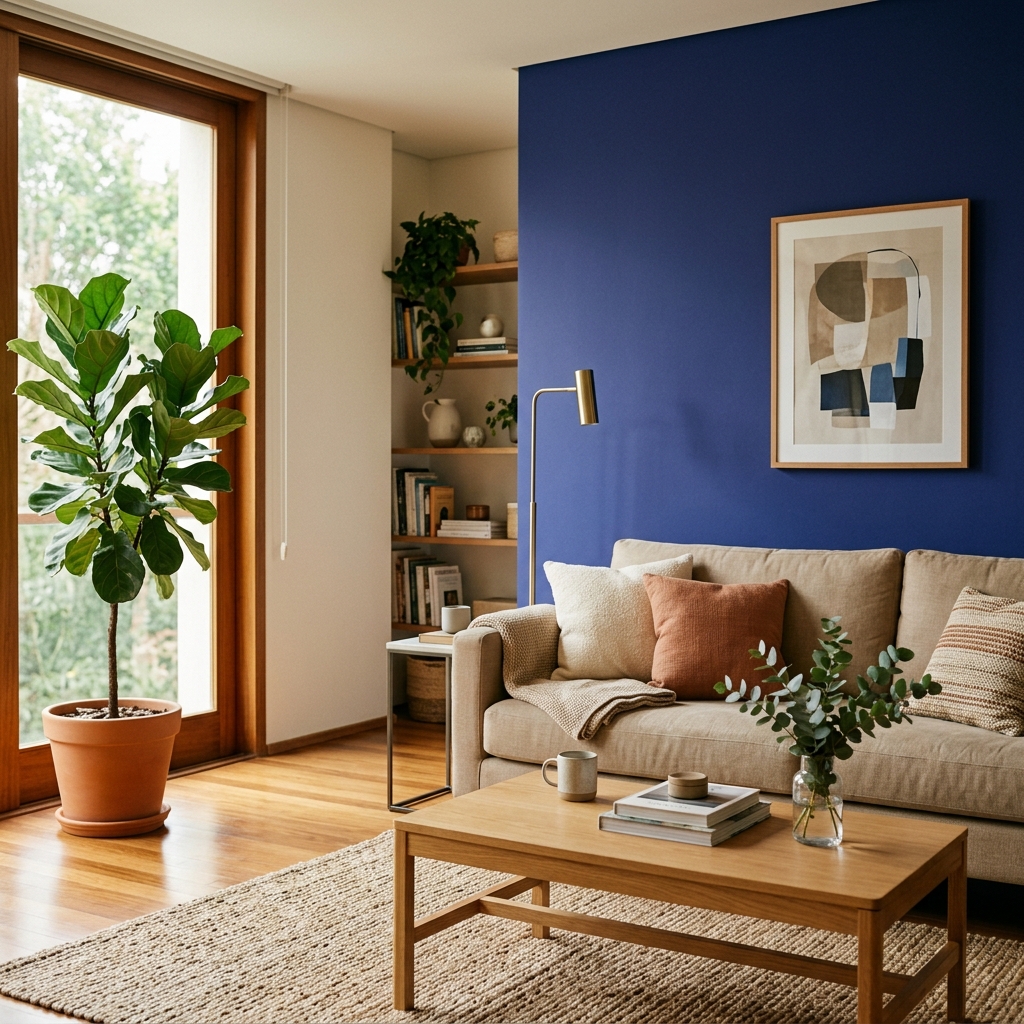 Sala de estar pintada em Azul Líder com sofá claro e janela ampla
