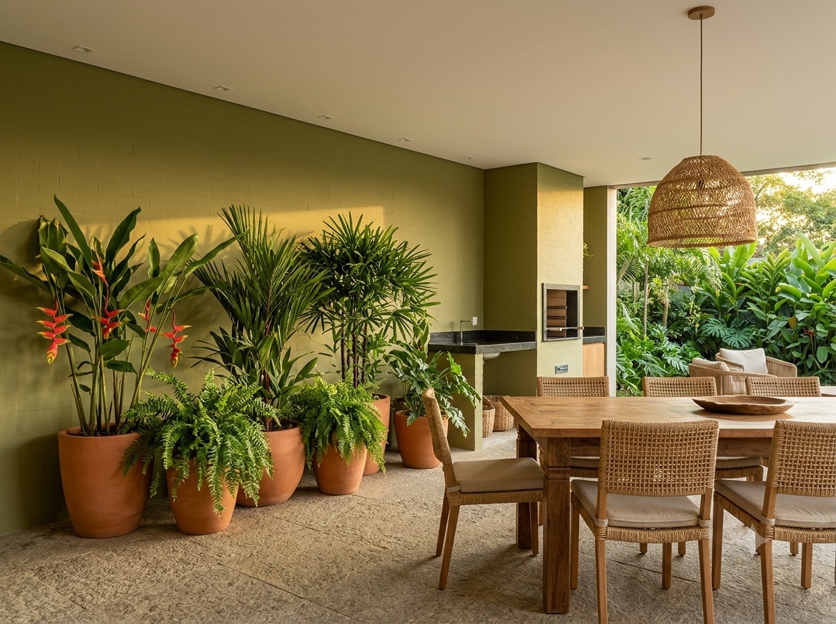 Varanda gourmet com parede em Cipó da Amazônia, da Suvinil