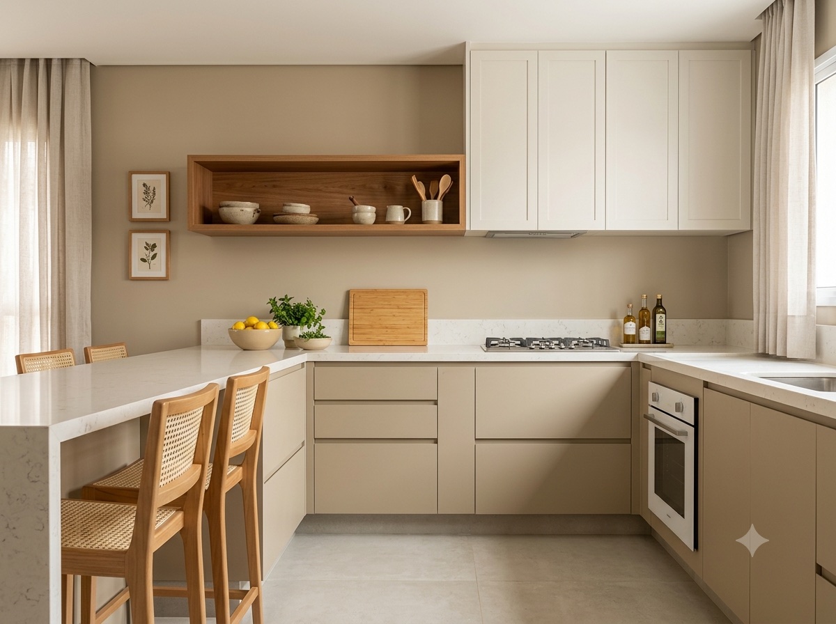 Cozinha com armários em Universal Khaki, da Sherwin-Williams