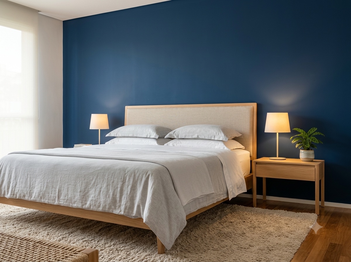 Quarto de casal com parede em Azul Puro, da Coral